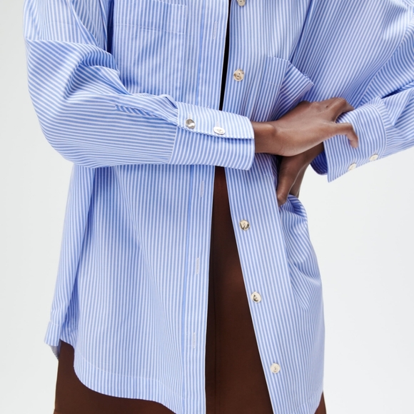 Zara Blue White Stripe Top 3/4 Sleeve With Gold Oversized Button Down Size XS - Picture 6 of 17